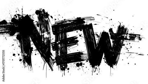 New bold brush typography design features expressive black paint splatters, dynamic strokes, and high-contrast artistic style on a white background.