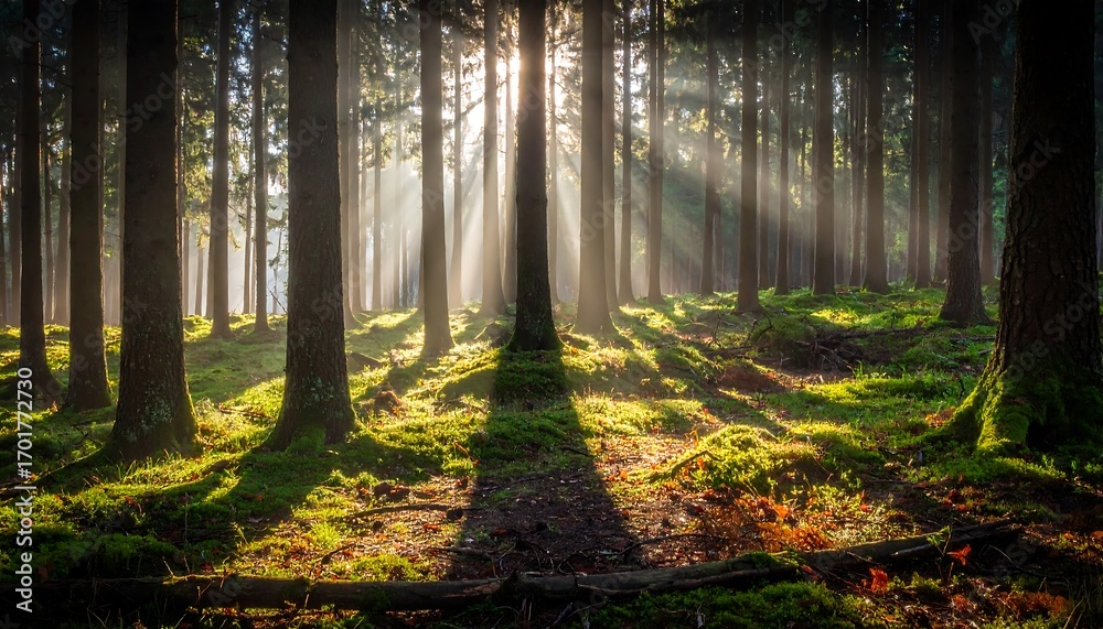 Naklejka premium Sunlight streams through a dense forest, illuminating the mossy ground and creating a serene atmosphere.