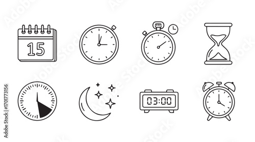 Collection of time related icons in a hand drawn silhouette style
