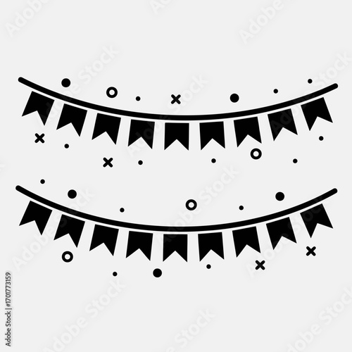 Vector art of black and white illustration of festive bunting flags with confetti