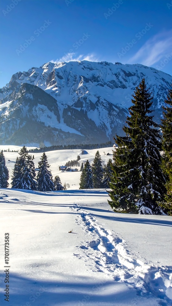 Fototapeta premium A snow-covered mountain landscape with clear blue sky, displaying footprints on pristine snow, leading towards a valley nestled between towering pines.