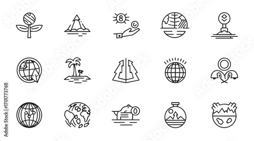 Collection of business and finance icons in a minimalist line art silhouette style