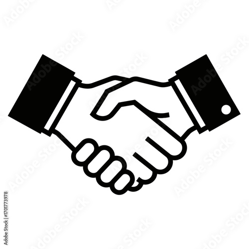 Vector art of a black and white icon depicting two hands shaking in agreement
