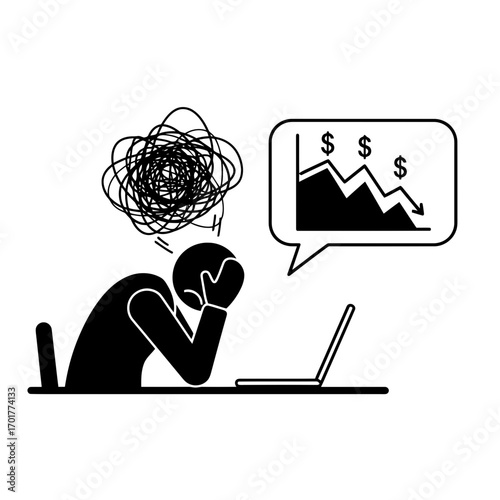 Vector art of a distressed person sitting at a laptop with a chaotic thought bubble and a downward trending financial graph