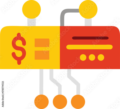 Abstract digital financial transaction concept with interconnected electronic components and a dollar sign symbolizing monetary exchange and technology