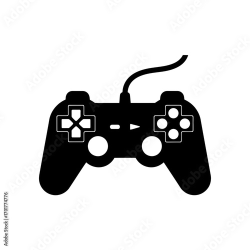 Vector art of black video game controller with cord