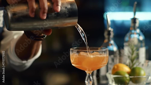 Bartender skillfully pouring a crafted cocktail from a metal shaker into an elegant crystal glass in a sophisticated bar setting at night, highlighting a moment of mixology.