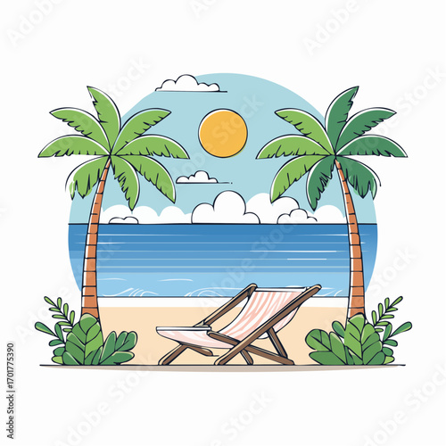 Tropical Beach Scene With Palm Trees And Lounge Chair