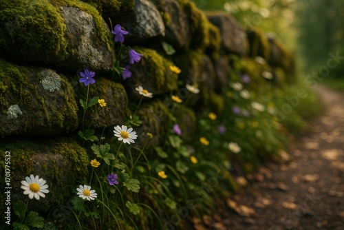 Moss Covered Rock Wall with Wildflowers