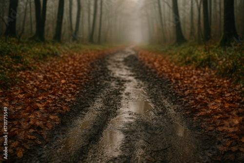 Muddy Trail with Damp Russet Leaf Litter in Forest