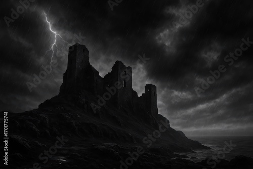 Ruined Castle in a Dark Stormy Monochrome Landscape
