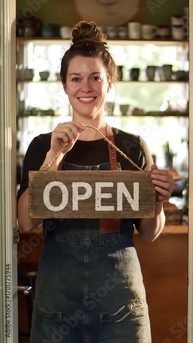 Young woman smiling while holding open sign at shop entrance  