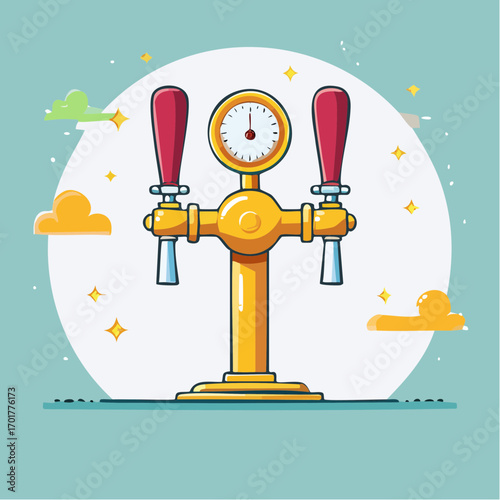 Pixel Art Beer Tap with Gauge and Red Handles on Green Background