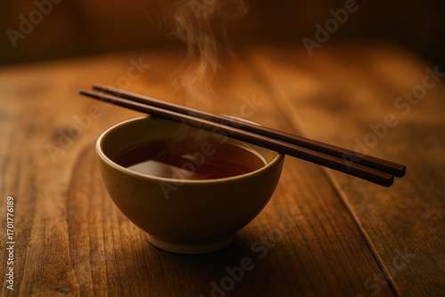 Warm Steaming Bowl of Tea with Chopsticks on Wooden Table