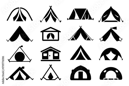 Collection of Diverse Tent Icons for Camping and Outdoor Activities