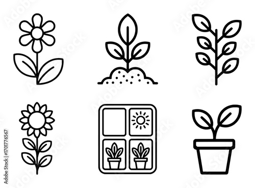 Collection of Line Art Icons Depicting Plants and Gardening