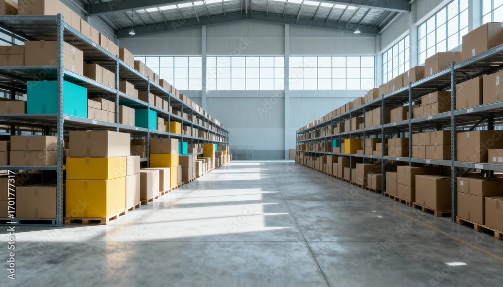 Obraz premium Large Distribution Warehouse Interior with Shelves Full of Cardboard Boxes, Ready for Shipping and Delivery