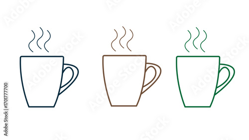 Set of Coffee cup icon set. Black, brown and green Cups of coffee tea collection.Disposable cup. Cup coffe with steam. Flat style vector