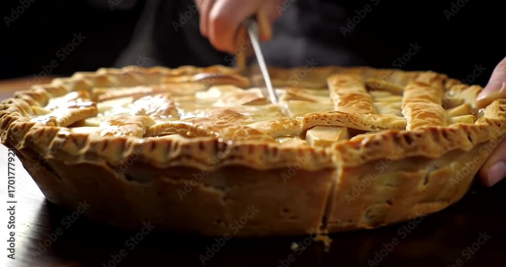 Cutting a Freshly Baked Apple Pie with a Lattice Crust, Steam Rising ...