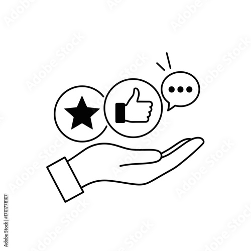 Vector art of hand holding a star, a thumbsup icon, and a speech bubble with dots, symbolizing customer satisfaction, feedback, and positive review