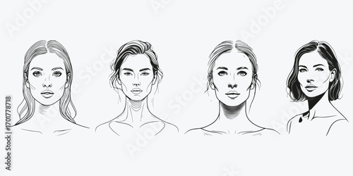 woman portrait sketch illustration vector set
