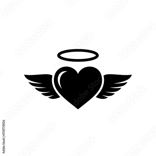 Vector art of black silhouette of a heart with wings and a halo