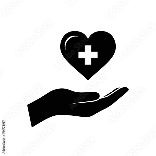 Vector art of black silhouette of a hand holding a heart with a medical cross