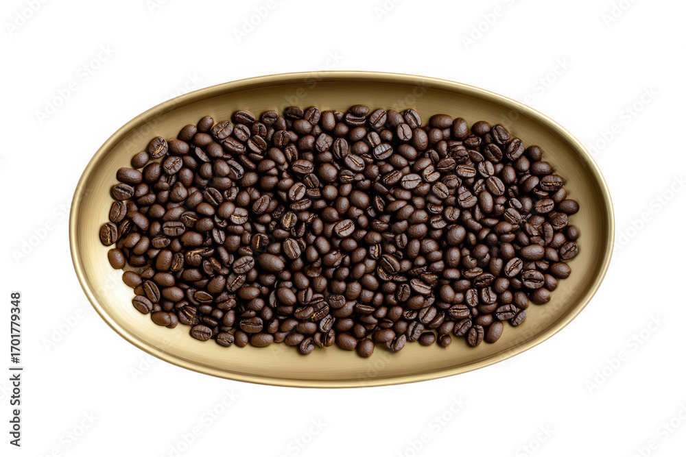 Fototapeta premium Top view of roasted coffee beans arranged in a golden tray, isolated on white isolated on transparent background