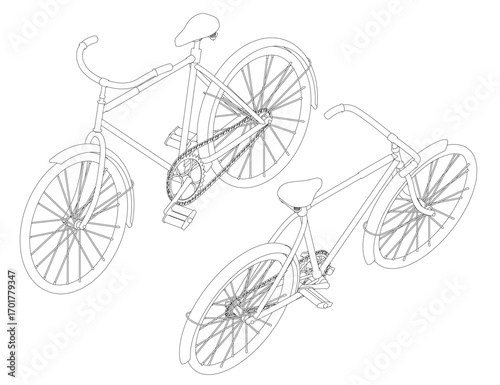 Two bicycles sketched in detailed contour with unique designs, isometric view. Vector illustration