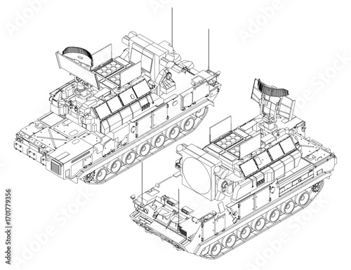 Two detailed military tanks on white background feature unique designs, tracks, turrets, and anti-aircraft missile systems.