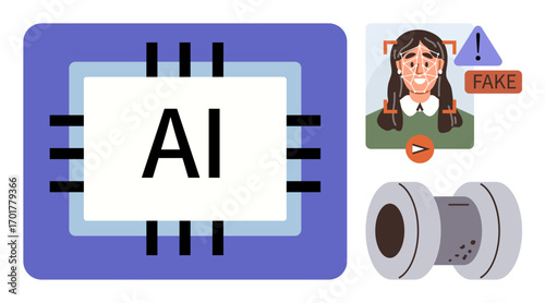 AI chip alongside deepfake facial recognition, warning alert, and voice synthesis tool. Ideal for deepfake detection, ethics, artificial intelligence, digital verification, cybersecurity, voice