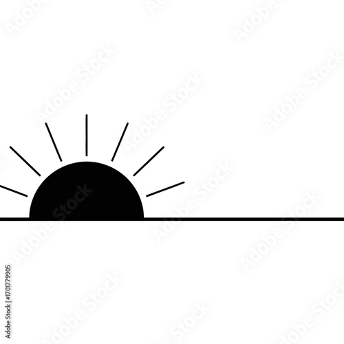 Vector art of minimalist black sun rising over a horizon line, representing new beginnings, hope, and optimism