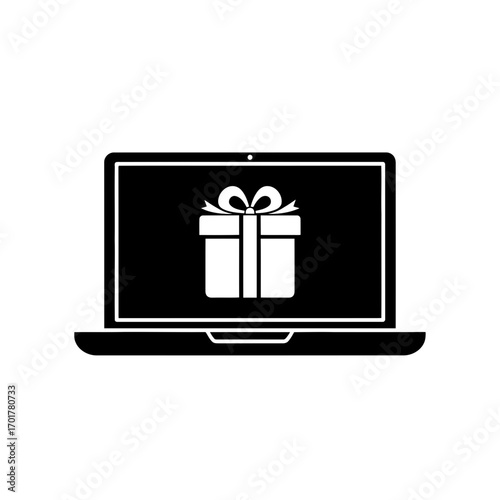 Vector art of laptop displaying a gift box icon with a ribbon