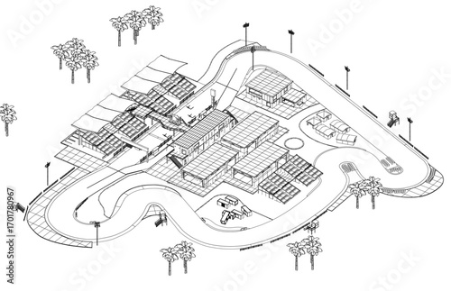 A black and white site plan for a new building surrounded by lush trees, featuring landscape contours and a race track. The design creates a peaceful and tranquil atmosphere.