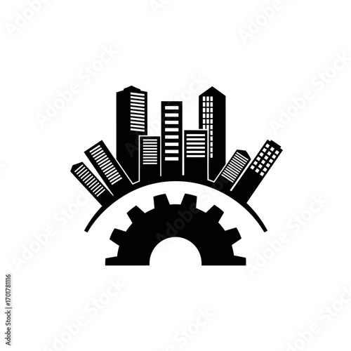 Vector art of stylized cityscape integrated with a large gear, symbolizing industrial development and urban infrastructure