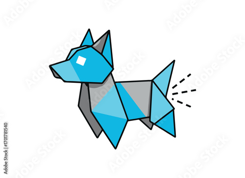 Blue origami dog with geometric shapes and wagging tail