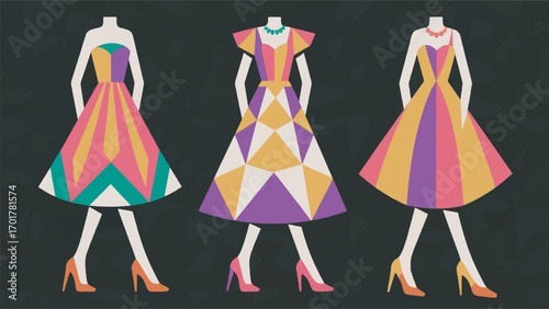 illustration of three pairs of matching dresses and shoes vector design template