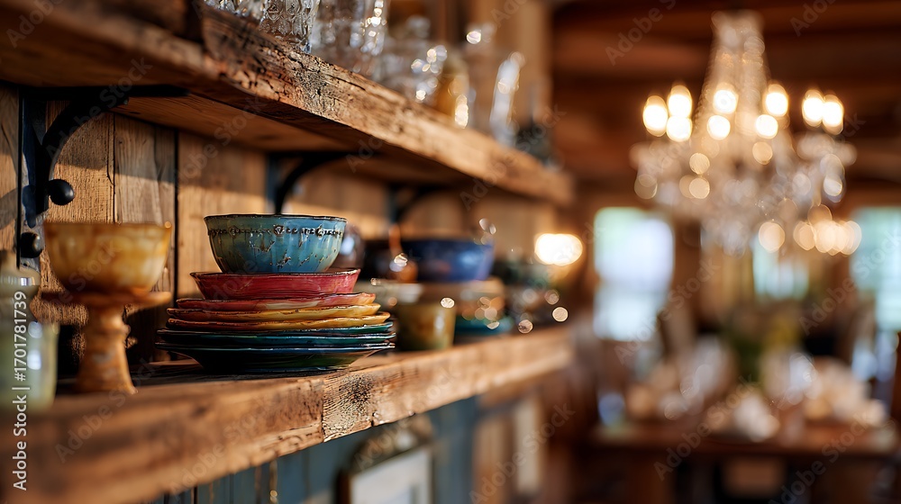 Fototapeta premium Rustic kitchen shelves with colorful plates bowls and glass jars against wood paneled wall interior