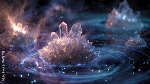An ethereal image of glowing levitating crystals surrounded by shimmering energy waves and particles.