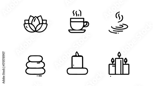 Spa and Wellness Outline Icons Set, Vector Collection of Lotus, Candles, Tea Cup and Relaxation Symbols.