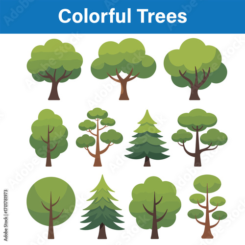 Collection of Diverse Colorful Trees in Various Shapes and Styles