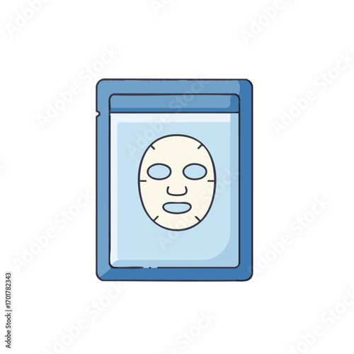 A simple line art illustration depicts a single-use facial sheet mask in its sealed package, ready for a refreshing skincare routine.