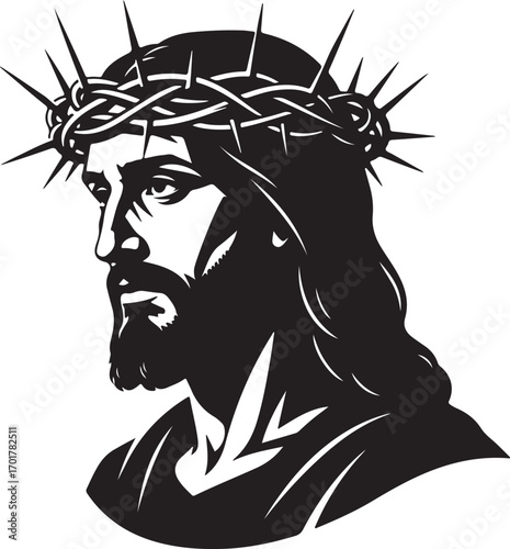 Jesus Christ Crown of Thorns Silhouette Vector Religious Icon in Black & White