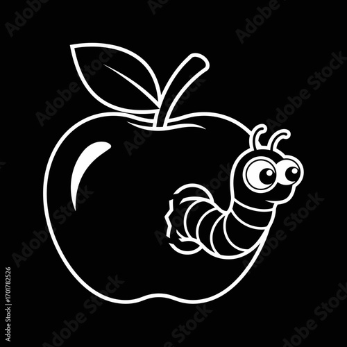 Vector art of a white outline of a ripe apple with a leaf and stem, with a cartoon worm emerging from a hole, symbolizing healthy eating, nature, and a common pest