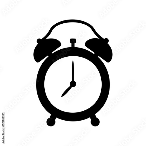 A simple black and white drawing of a classic alarm clock icon