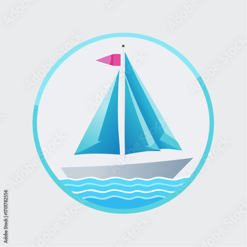 A Vividly Rendered Circular Illustration of a Stylized Sailboat on Calm Waters