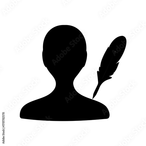 Silhouette of Person with Feather Quill Symbolizing Writing and Authorship in Black