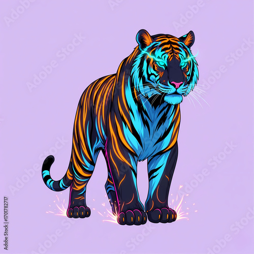 Vibrant neon tiger illustration, a stunning digital art concept featuring glowing blue and orange stripes on a majestic creature, radiating powerful energy with a luminous aura