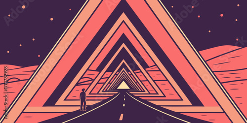 Lone traveler contemplates a surreal, geometric road leading into a vibrant cosmic tunnel, symbolizing journey, discovery, and the unknown future.