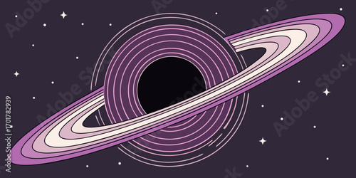 Captivating stylized black hole illustration with swirling purple accretion disk and distant stars, perfect for science, cosmology, and abstract space themes.